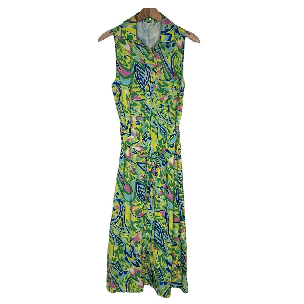 Sunday Up Shirt Dress Women's S‎ Multicolor Pastel Abstract Sleeveless Belted